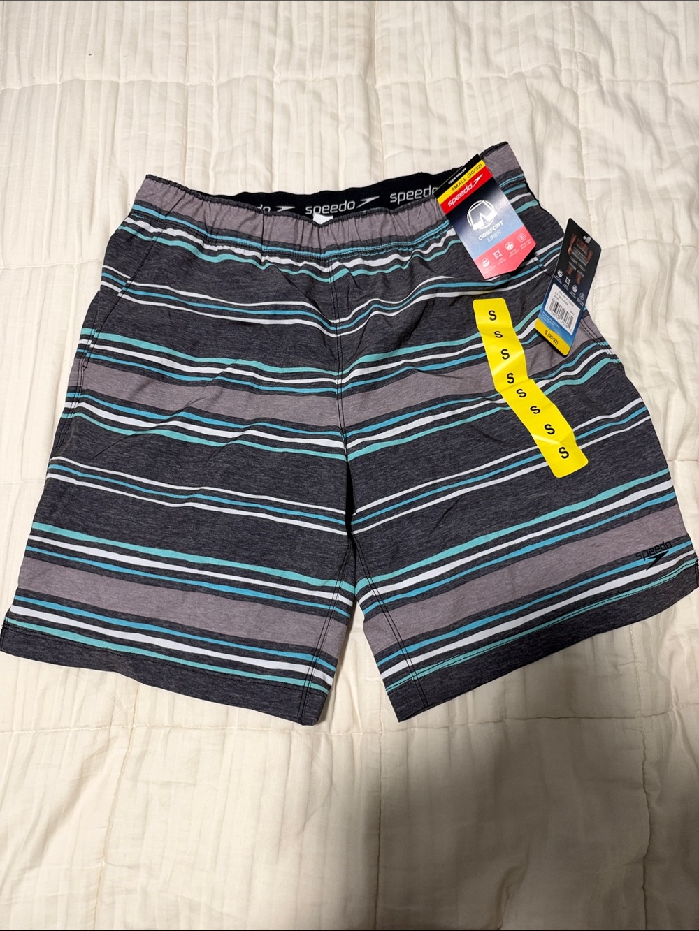 Speedo Men's Charcoal Swim Trunks with Teal and Gray Stripes